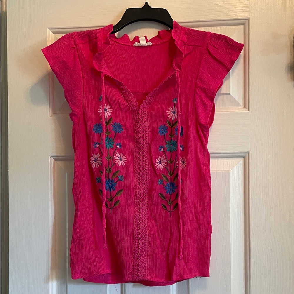 Blu Pepper Hot Pink Embroidered Floral Flutter Sleeve Blouse